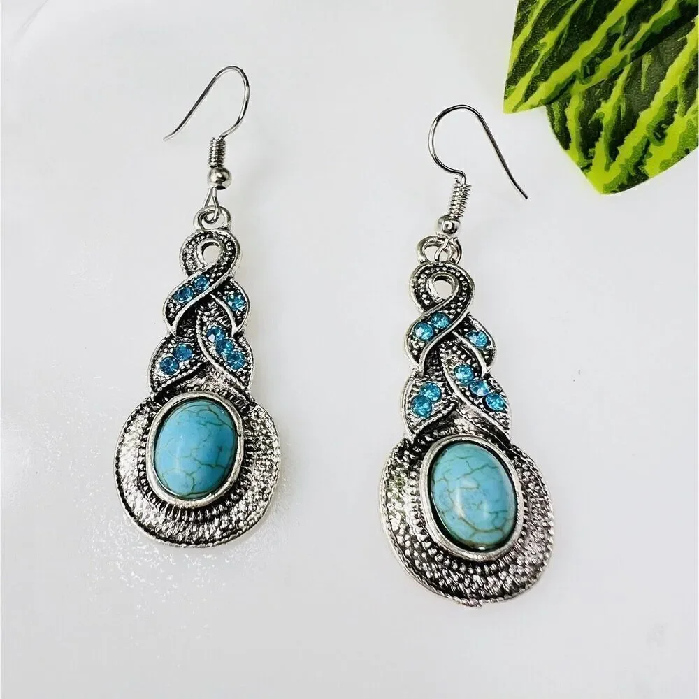 Teal Blue Faux Turquoise Ribbon Braided Rhinestone Silver Tone Dangle Earrings